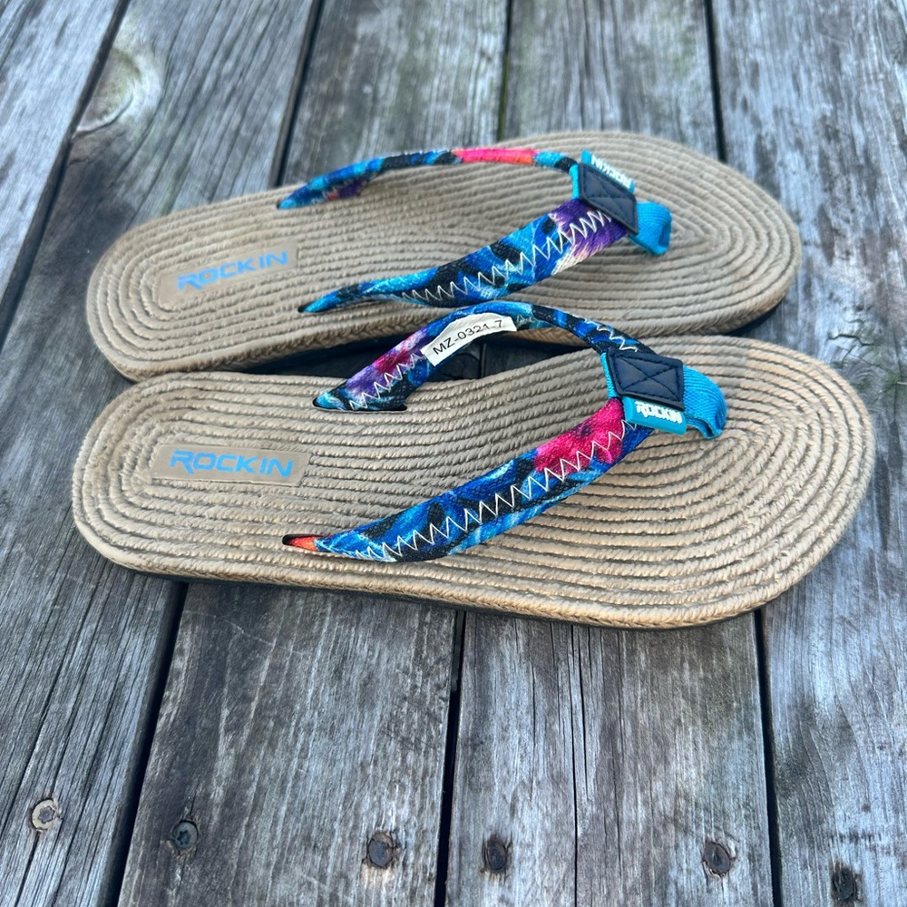 ROCKIN' Vibrant Floral Espadrille Flip Flop Sandals - Sz 7 - Picture 4 of 7